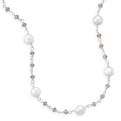 16.5\"+2\" Cultured Freshwater Coin Pearl and Crystal Necklace