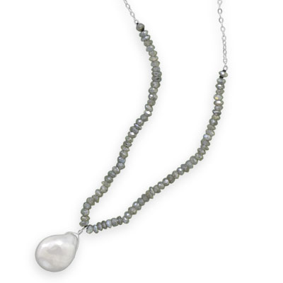 16\"+1\" Labradorite and Baroque Pearl Drop Necklace