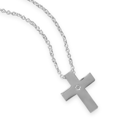 18\" Rhodium Plated Cross Necklace with Diamond Accent