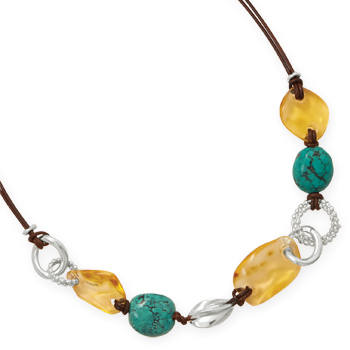 18" Leather Necklace with Baltic Amber and Turquoise