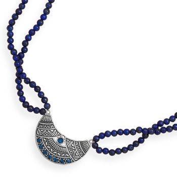 19\" Double Strand Lapis Necklace with Oxidized Topaz Pendant