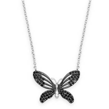 16\" Rhodium Plated Black CZ Butterfly Necklace