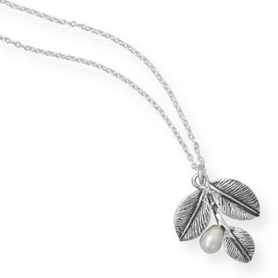 16\" Oxidized Leaf Necklace with Cultured Freshwater Pearl