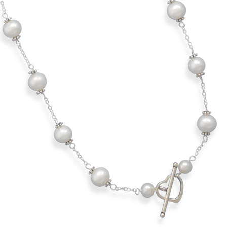 16\" White Cultured Freshwater Pearl Heart Toggle Necklace