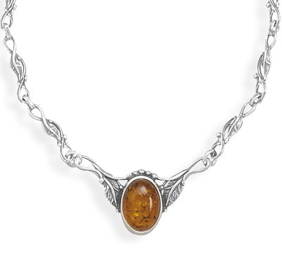 16" Amber Necklace with Leaf Design