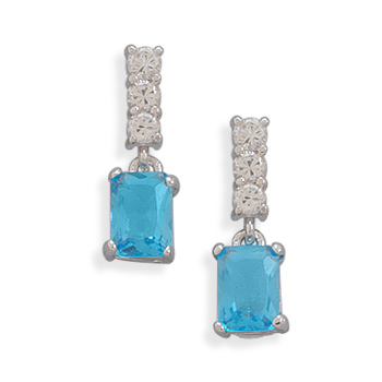 Clear CZ and Blue Crystal Dangle Post Earrings