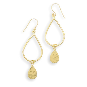 14 Karat Gold Plated French Wire Earrings with Hammered Drops
