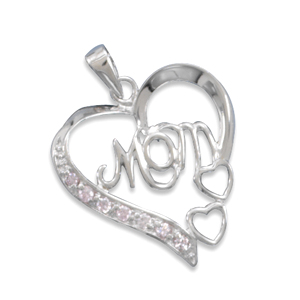 Rhodium Plated Cut Out \"MOM\" Heart Pendant