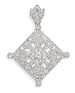 Rhodium Plated Diamond Shape Filigree CZ Pendant