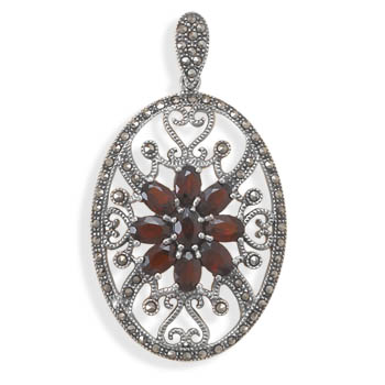 Oval Marcasite and Garnet Pendant