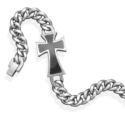 8\" Stainless Steel Bracelet with Carbon Fiber Cross