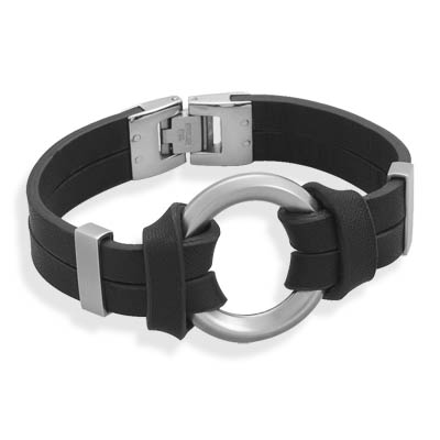 8\" Black Leather Bracelet with Center Circle Design