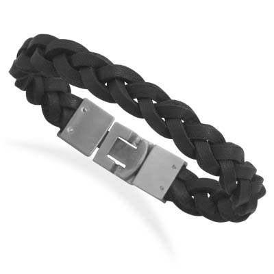 8.5\" Braided Black Leather Bracelet with Stainless Steel Closure