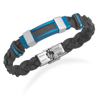 8.5\" Black Leather Bracelet with Polished and Blue Matte Stainless Steel Accents
