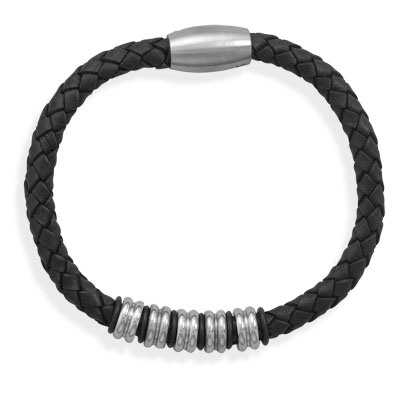 9\" Black Leather Bracelet with Stainless Steel Beads