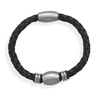 8\" Black Leather Bracelet with 3 Stainless Steel Beads