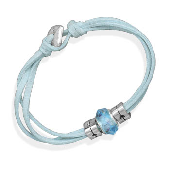 7\" Triple Strand Blue Suede Multibead Bracelet