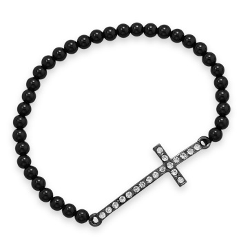 7" Black Onyx Sideways Crystal Cross Fashion Stretch Bracelet