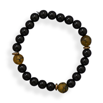 8" Black Onyx, Agate and Brass Stretch Bracelet