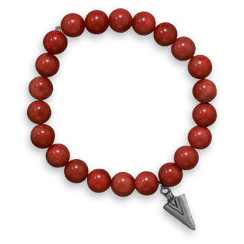 8\" Red Coral Stretch Bracelet with Pewter Arrow Charm