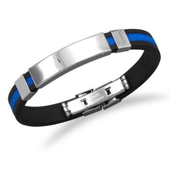 8\" Stainless Steel and Blue Rubber ID Men\'s Bracelet