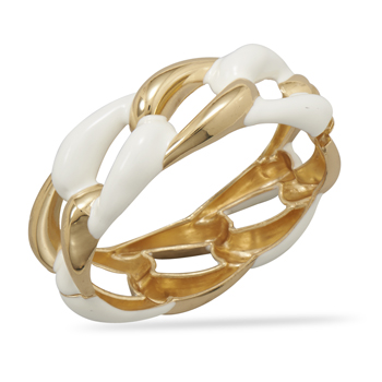 Gold Tone Hinged Fashion Bangle Bracelet with White Epoxy