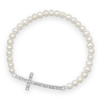 7\" Pearl Fashion Bracelet with Sideways Crystal Cross