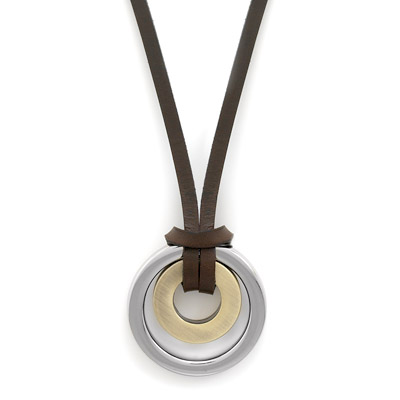 18\" Brown Leather Necklace with Stainless Steel and Brass Rings