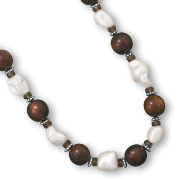 16\" + 2\" Wood Bead and Shell Nugget Fashion Necklace
