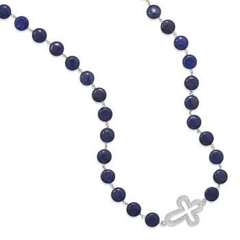 36\" Lapis Bead Fashion Necklace with Crystal Cross