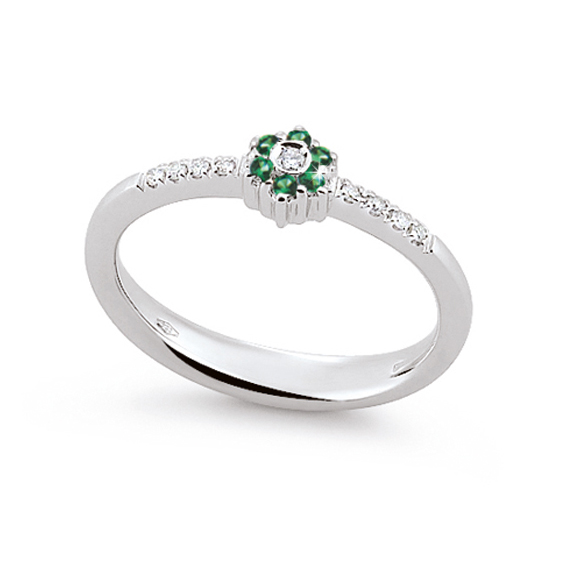 Stylish Emerald Engagement Ring 0.05 Ct Diamonds 18K White Gold