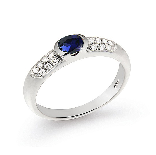 Classic Italian 0.43 Ct Sapphire Wedding Ring 0.17 Ct Diamonds 18K White Gold