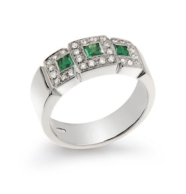 Upscale Italian 0.33 Ct Emerald Wedding Ring 0.25 Ct Diamonds 18K White Gold