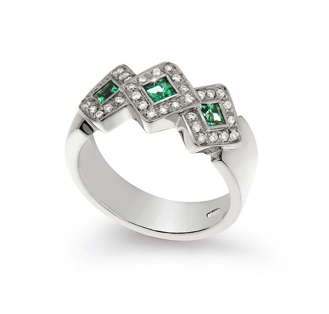 Vintage Italian 0.34 Ct Emerald Wedding Ring 0.23 Ct Diamonds 18K White Gold