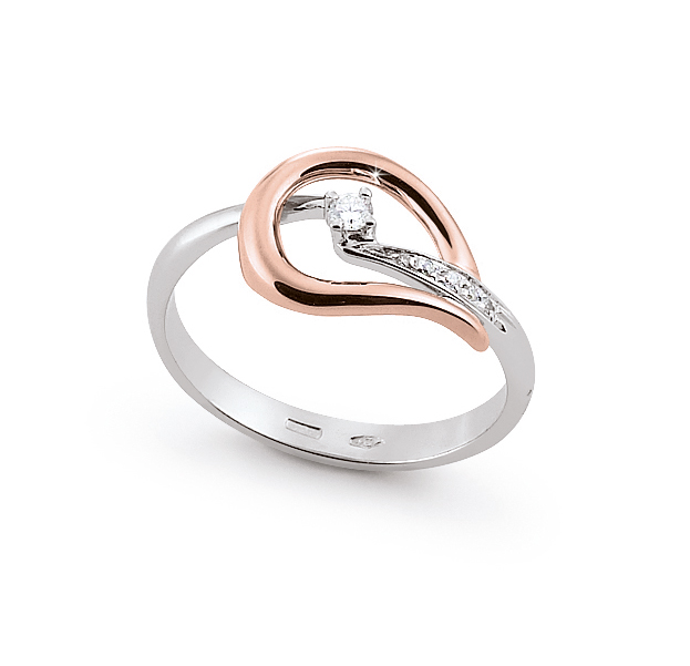 Fine Italian Engagement Ring 0.09 Ct Diamonds 18K White And Rose Gold