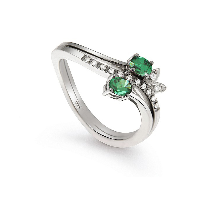 Italian Dual Strand 0.37 Ct Emerald Flower Ring 0.07 Ct Diamonds 18K White Gold