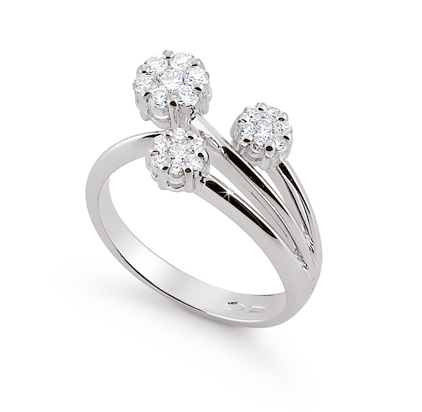 Trilogy Flower Italian Designer Ring 0.51 Ct Diamonds 18K White Gold