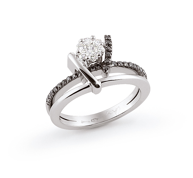 Pave Engagement Ring 0.41 Ct (0.25 Ct White; 0.16 Ct Black) Diamonds 18K White Gold