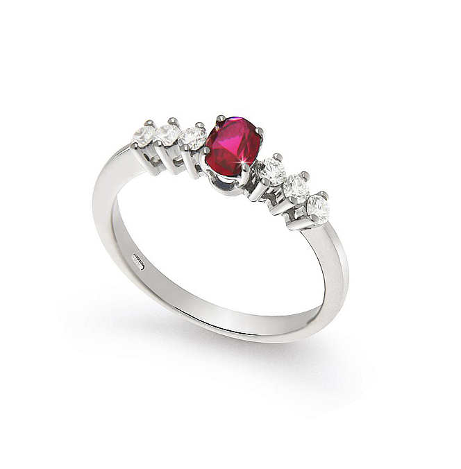 Italian 0.46 Ct Ruby Side-Stone Engagement Ring 0.27 Ct Diamonds 18K White Gold