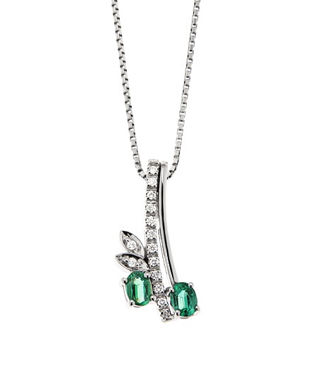 Italian 0.30 Ct Emerald Drop Pendant & Necklace 0.08 Ct Diamonds 18K White Gold