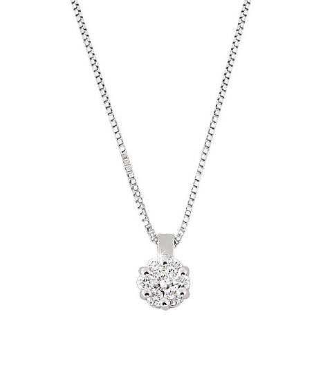 Solitaire Halo Flower Pendant & Necklace 0.11 Ct Diamonds 18K White Gold