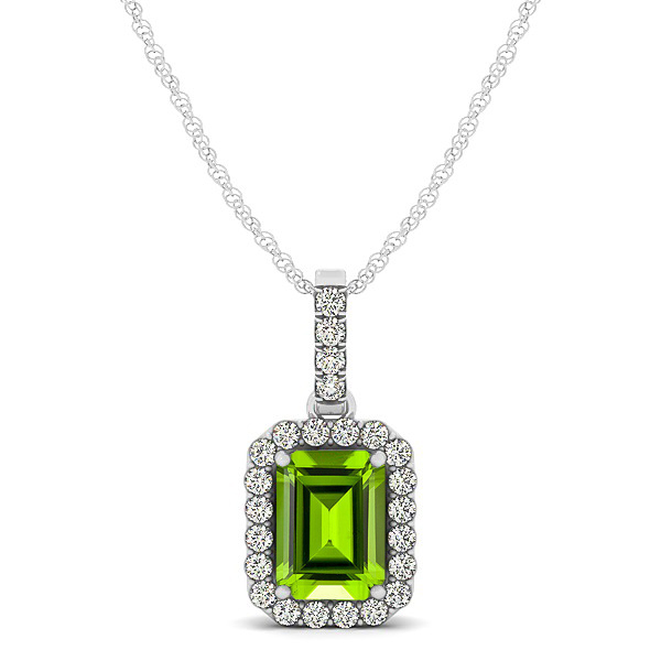 Classic Emerald Cut Peridot Necklace with Halo Pendant