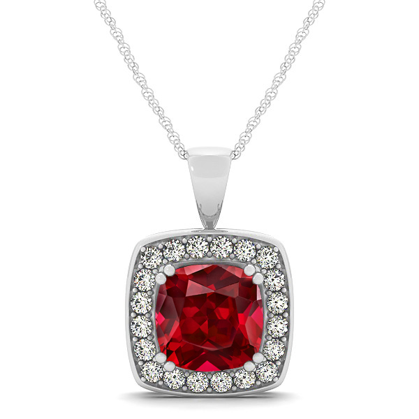 Attractive Dark Red Cushion Ruby Halo Necklace