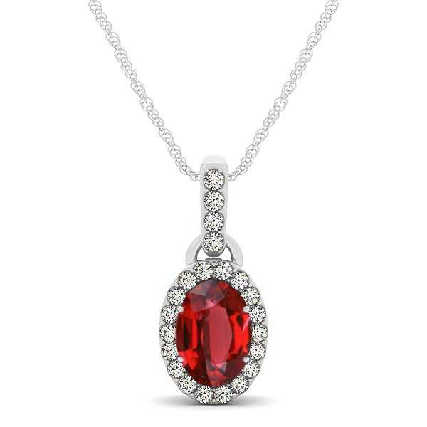 Lovely Halo Oval Ruby Necklace in Gold, Silver or Platinum