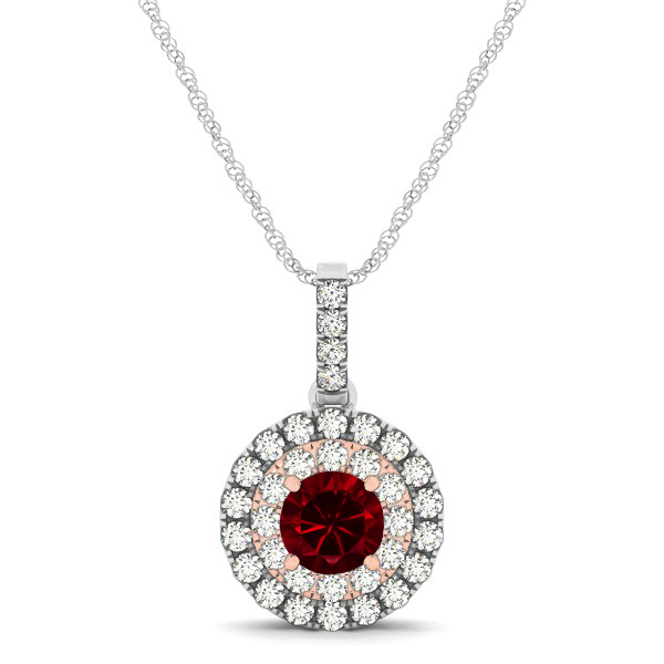 Dual Halo Round Ruby Pendant Necklace