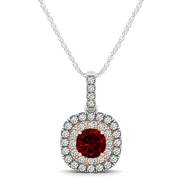 Cushion Shaped Halo Necklace with Round Ruby Pendant