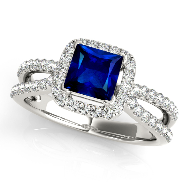 Stunning Split Shank Halo Engagement Ring with Princess Cut Sapphire