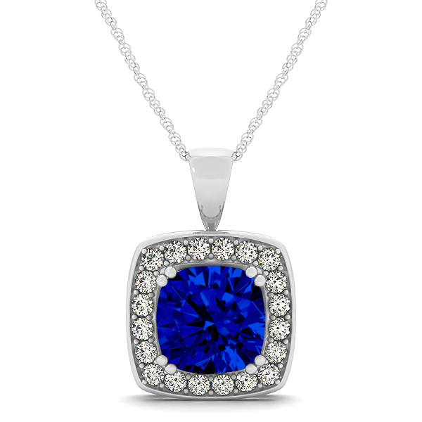 Attractive Dark Blue Cushion Sapphire Halo Necklace