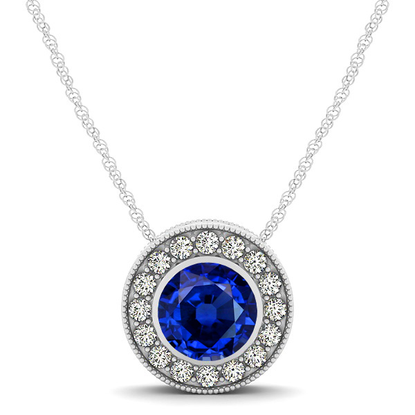 Halo Sapphire Necklace with Round Pendant