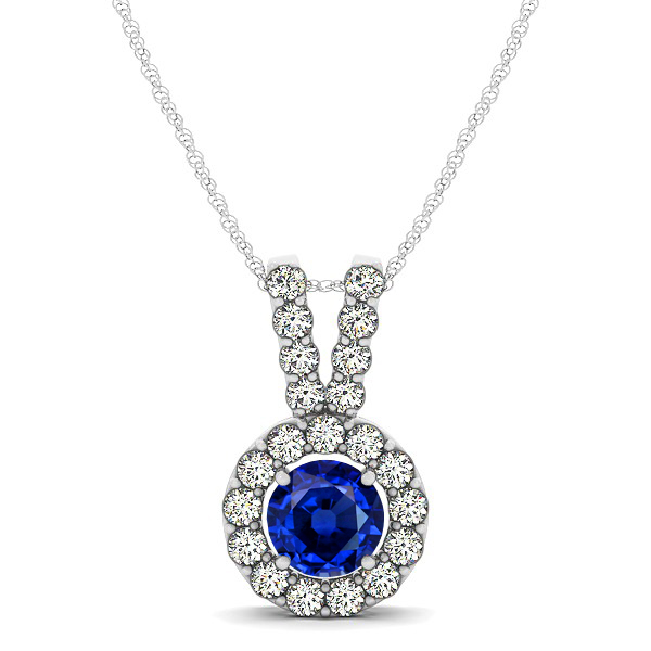 Classique V Neck Halo Necklace with Round Cut Sapphire